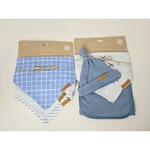 Lila & Jack Bandana Bib Set‎ 3 pack Hat/Bib/ Burp Cloth set NEW blue airplane